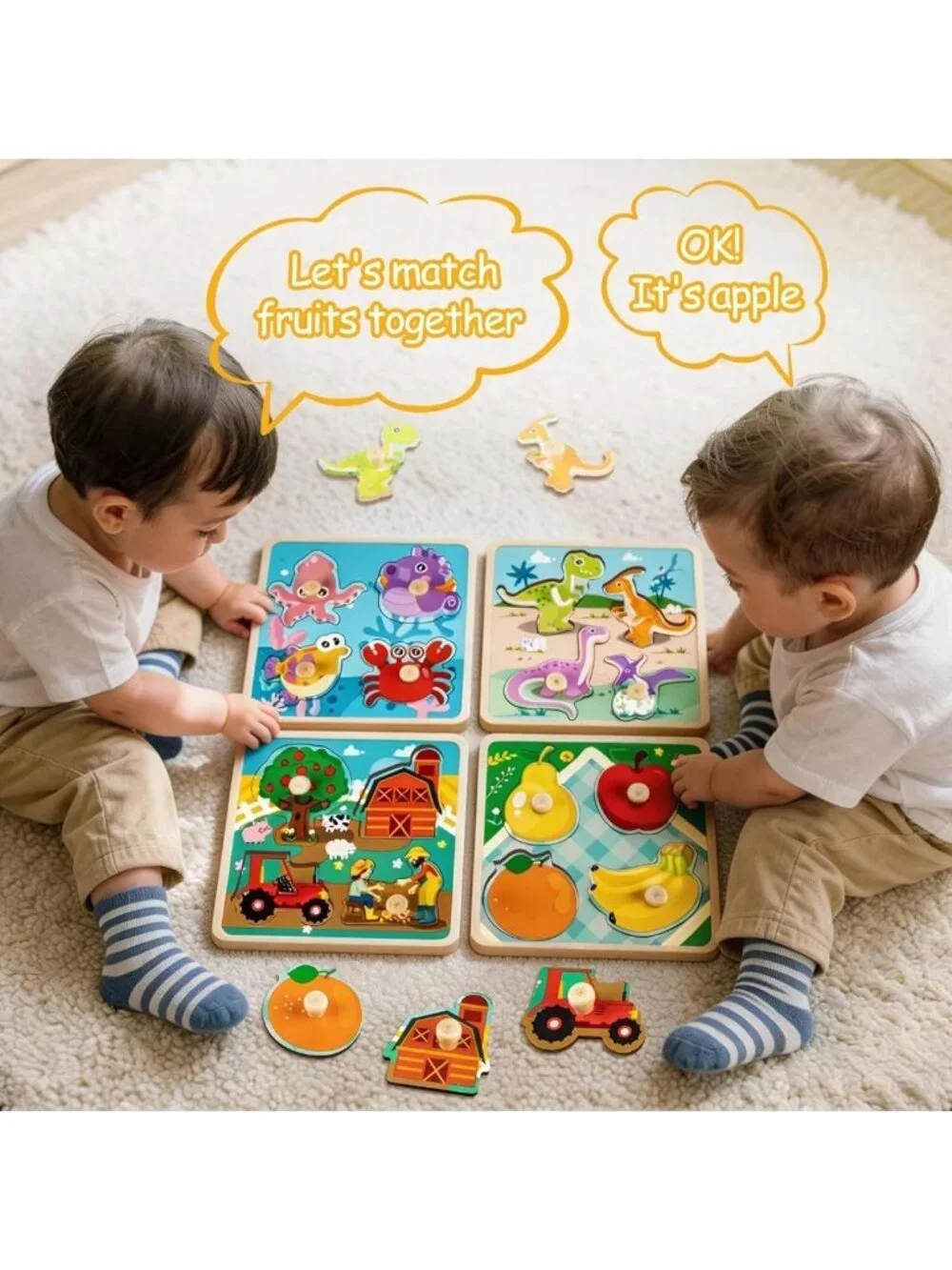 Eco-Friendly Wooden Toddler Puzzles - 4 Animal Jigsaw Sets for Fine Motor Skills